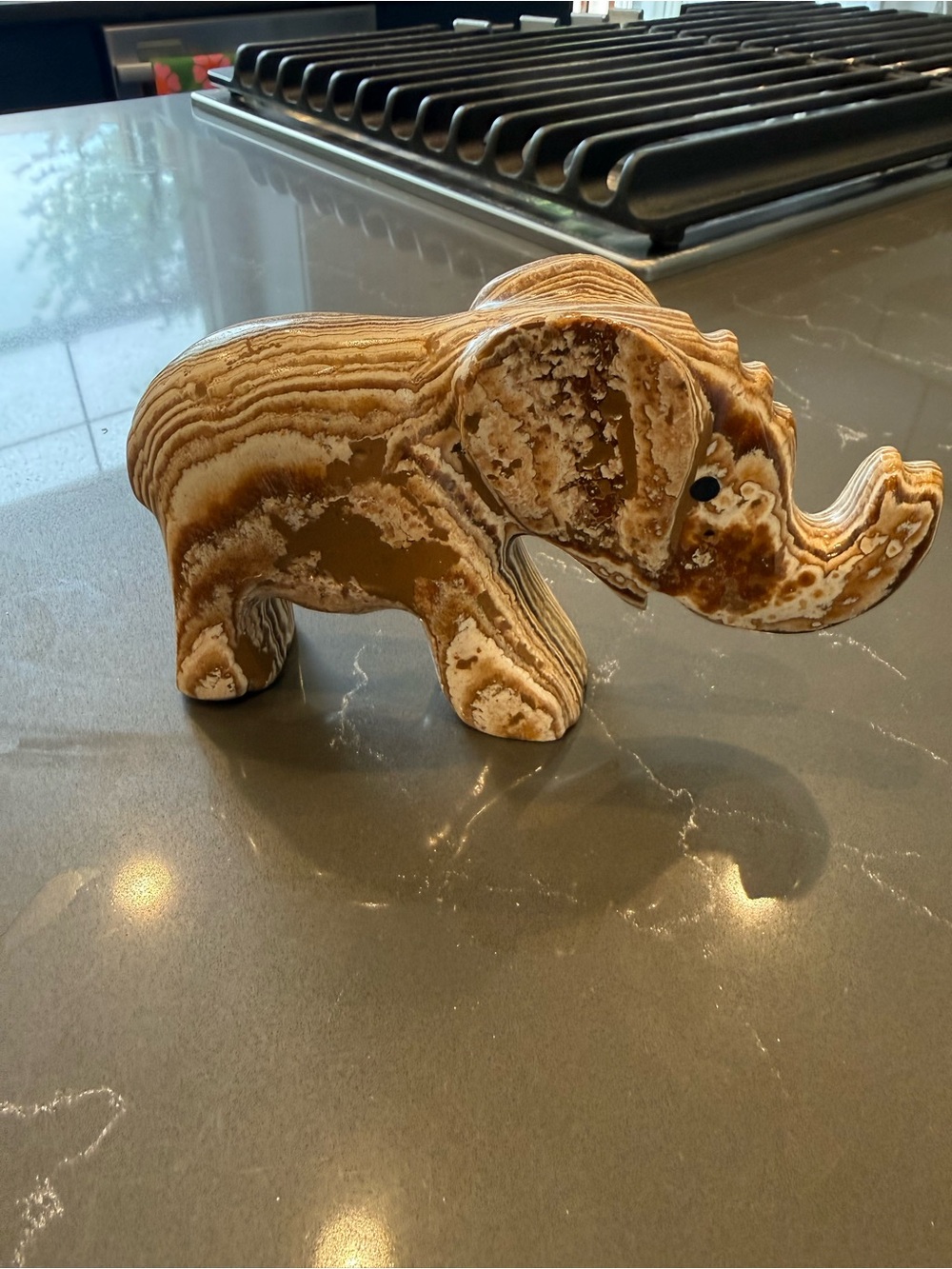 Onyx Brown and Cream Striated Stone Elephant Sculpture - Home Art Accent